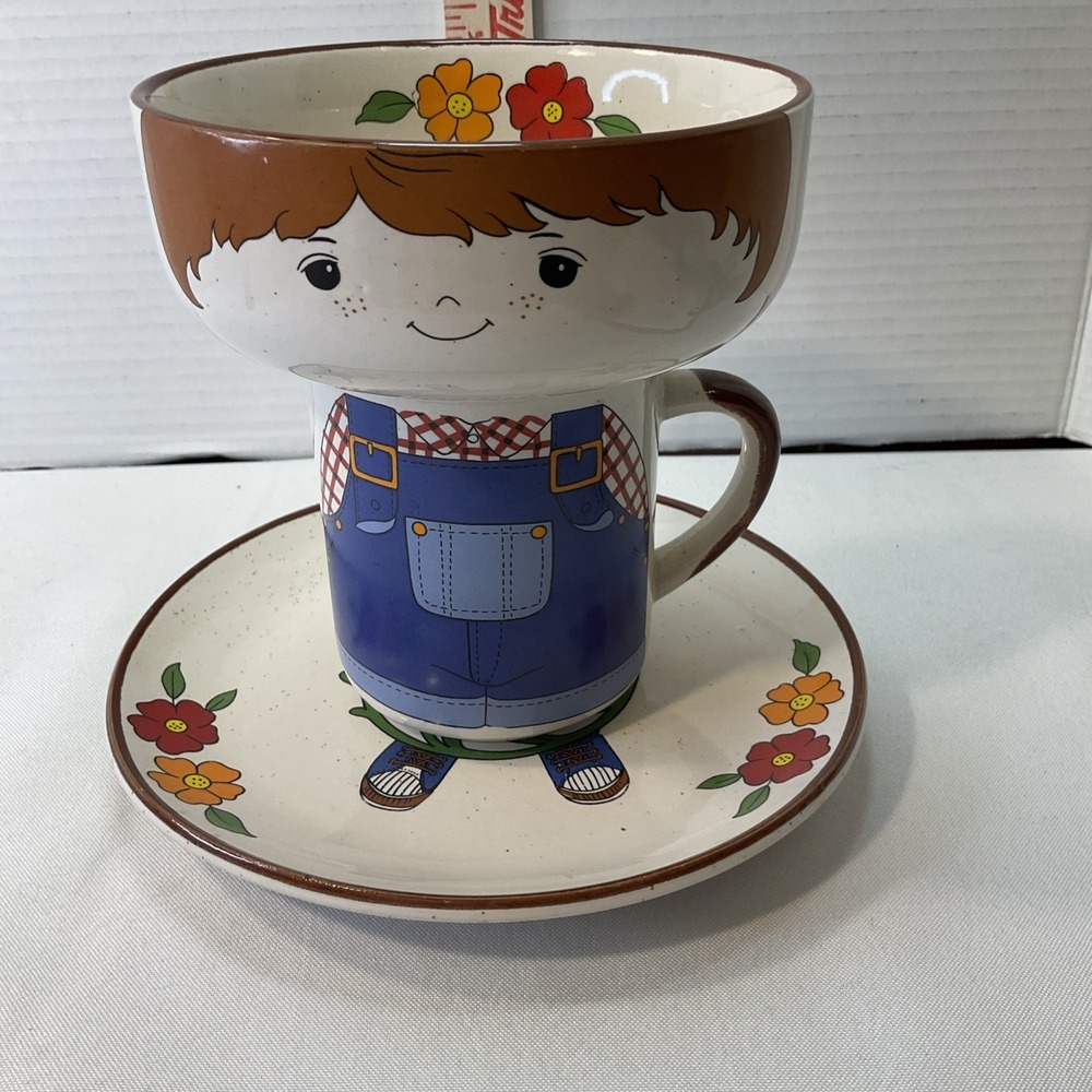 Vintage Childrens Interpur 3‎ pc Stackable Dish Set Cup Bowl Plate Farmer Boy